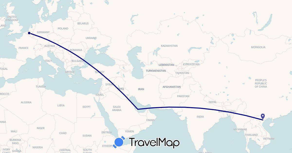 TravelMap itinerary: driving in Belgium, Qatar, Vietnam (Asia, Europe)